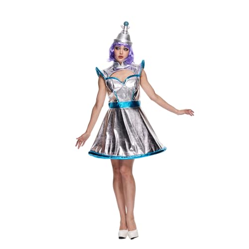 EraSpooky Frauen sexy Raum von Frauen Alien Kostüm Vintage Erwachsener glänzender Metallic Roboterkleid mit Hut M