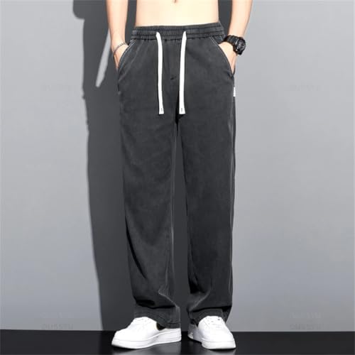 Men Summer Thin Soft Lyocell Fabric Jeans Loose Straight Pants Drawstring Elastic Waist Trousers3