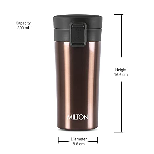 MILTON Thermosteel Vacuum Insulated Travel Coffee Mug, 300ml, Coffee, Prolonged Hours Hot & Cold, ISI Certified, Spill Proof & Easy to Sip, Leakproof & Rustproof, On The Go Coffee Cup