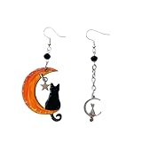 Pendientes pintados a mano – GATO CON LA LUNA - Pendientes colgantes de mujer, Joyas de madera pintadas a mano, Gancho de plata, Made in Italy, Bisutería femenina decorada, Elaboración artesanal