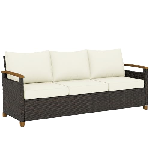 Image of Outsunny 3 Seater Rattan Garden Sofa, PE Wicker Outdoor Sofa with Wide Deep Seat, 10 cm Thick Cushions, Wood-Effect Armrests and Legs, 2 Seater Rattan Garden Furniture for Patio, Porch, Brown