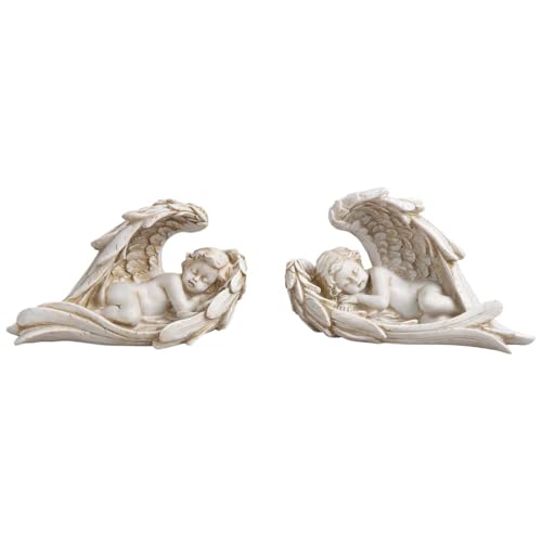 Wetterfeste Grabengel Figuren Deko liegend 2er Set - Sitzende Engel ausgefallene Grabdeko Kunststein Grau - Engel 14 cm Grabdekoration, Trauergeschenk für Hinterbliebene & Grabschmuck für Friedhof