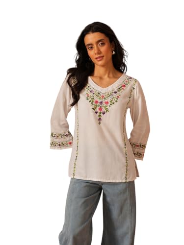 Image of QAZMI Women's Amina Kashmiri Embroidered V-Neck Short Kurti