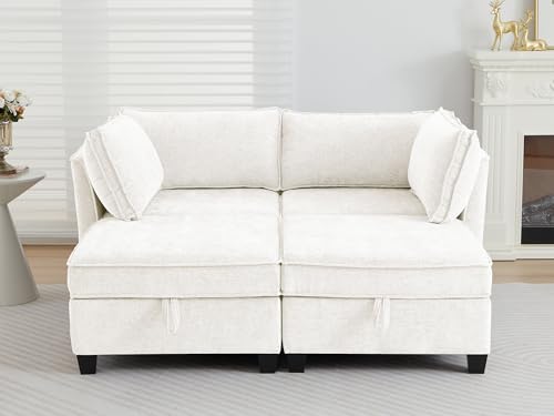 Image of ORRD Sleeper Modular Sectional Sofa Set, Convertible Couch Bed with Storage, 4 Seater and 2 Armrestes Sofa Modular for Living Room, Office (Beige)