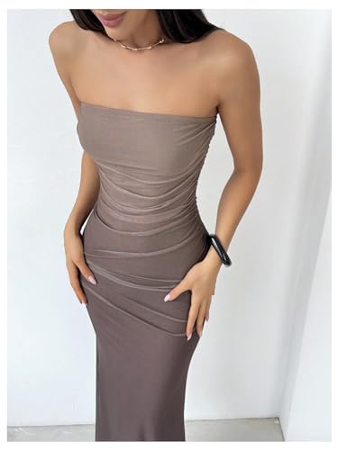 Image of GORGLITTER Women's Sunset Ombre Strapless Cocktail Bridal Shower Midi Dress | Orange Wedding Guest Dress, Mesh Tube Dress, Bridesmaid Dresses, Vacation Beach Sundresses,