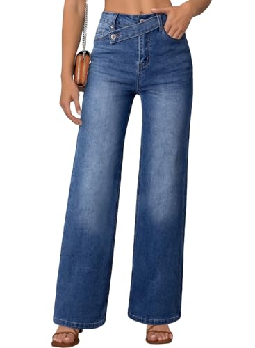 EVALESS Jeans for Women Trendy 2025 Overlap Waist Straight Wide Leg Stretchy Denim Pants
