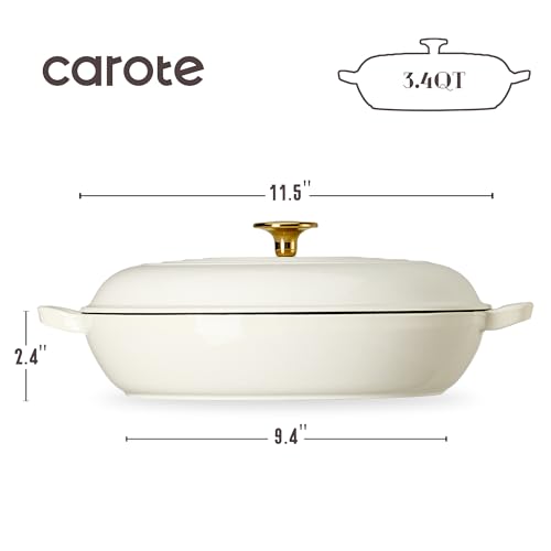 Image of CAROTE 3.4QT Enameled Cast Iron Braiser Pan, Shallow Dutch Oven Casserole Skillets, Non-Toxic Cast Iron Pot with Lid for Grilling, Searing, Baking, Dual Handles, All Stovetop Compatible, White