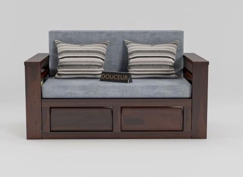 Image of Douceur Furnitures Solid Sheesham Wooden 2 Seater Sofa Cum Bed with Mattress & Cushions,Wood Foldable Convertible Sofa Diwan Cum Bed for Living Room and Bedroom, Walnut Finish