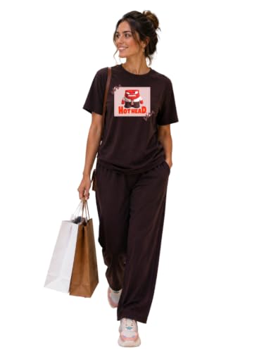 Image of ELVIA Women's Pure Cotton Top and Pyjama Co-Ord Set | Hot Head Graphic Printed Night Suit | Regular Fit Half Sleeve Round Neck T-Shirt with Pajama Loungewear Sleepwear Set for Women