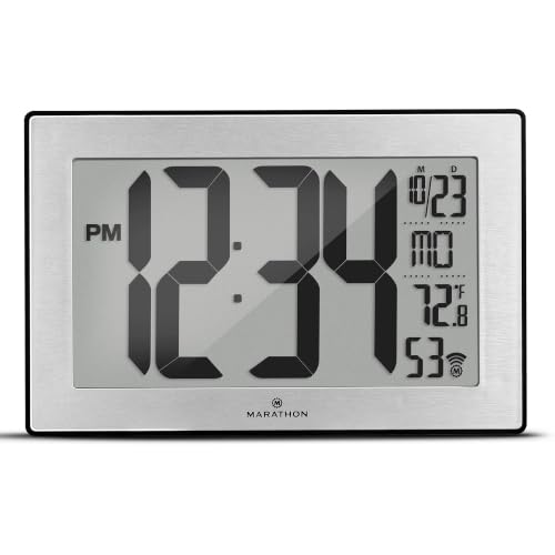 MARATHON Atomic Wall Clock with Stand - Large 9-Inch Display - AM/PM or 24-Hour Time Format 8 Time Zones & Indoor Temperature - Two AA Batteries Included (Brushed Stainless Steel)