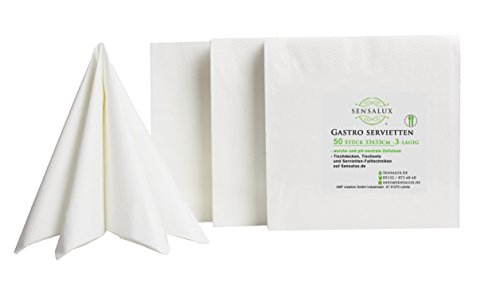 Sensalux Gastro-Servietten, 50 Stück, weiß, 3-lagig 1/4-Falz 33 cm x 33 cm, hochwertige Servietten, ideal für Partys, Hochzeiten, Geburtstage