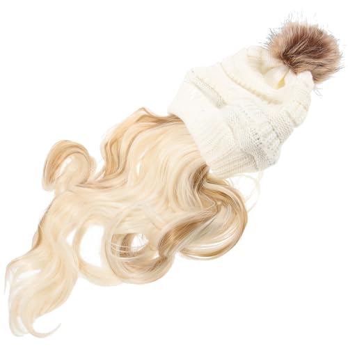 Bonnet avec postiche longue pour femme en laine blanche et soie extensible
