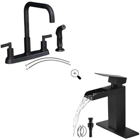 Black Kitchen Faucet with Sprayer + Single Hole Black Waterfall Spout Bathroom Faucet Cover