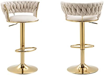 Luxury bar Stool,Modern Round Adjustable Reception Chair, Gold Velvet Bar Chair, Kitchen high Dining Chair , Height Adjustable and 360° Swivel. Suitable for bar, Home, offce, Cafe (Ivory set of 2)