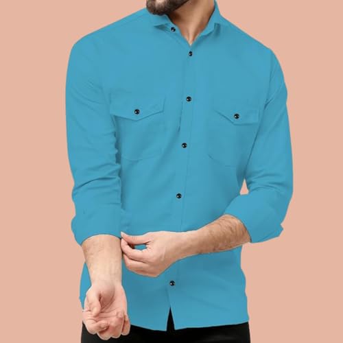 Image of Double Pocket Men's Casual Shirt - Regular Fit, Solid Spread Collar, Versatile Everyday Wear, Comfortable and Stylish Design, Ideal for All Seasons Dark Firozi