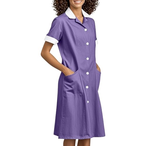 DUHENWU Vestido de enfermera para mujer, manga corta, largo hasta la rodilla, vestido camisero, monocolor, elegante, cuello en V, uniforme con bolsillos, ropa de trabajo, vestidos de verano para mujer