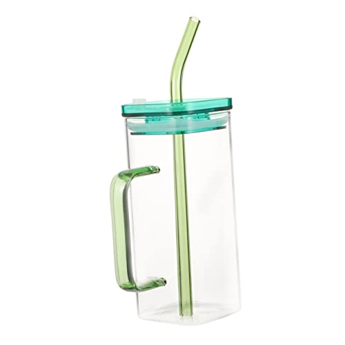 PHENOFICE 1 Set Glass with Lid Clear Coffee Mug Spill Proof Cup Ice Coffee Cup Milk Carafe Coffee Mugs with Lid Square Bottle Flat Drinking Glasses with Handle Clear Straw Green