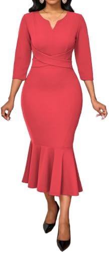 Image of Elegant Dress for Women Sexy V Neck Long Sleeve Bodycon Midi Fishtail Dresses