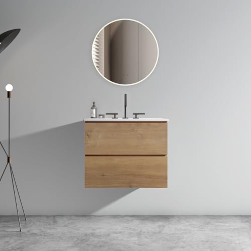 Wall Mount 24" Natural Oak Bathroom Vanity with Ceramic Sink