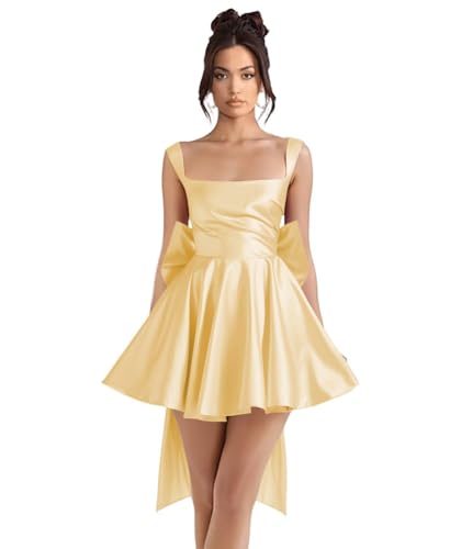 Stylefun Short Square Neck Satin Homecoming Dress 2025 HOCO Dress with Bow Cocktail Prom Gown CYM250