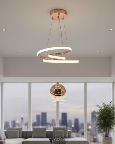 Image of swanart Modern LED Ceiling Pendant Light with Crystal Ball, Spiral Design Chandelier, Dimmable Hanging Lamp for Dining Room, Living Room, Bedroom, Hallway (Gold)