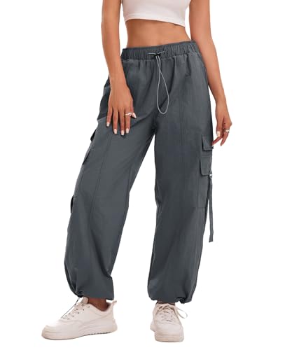 Bakyarder Drawstring Baggy Dance Pants for Women, Retro Quick-Dry Pants Y2K Streetwear with Pockets Grey Medium