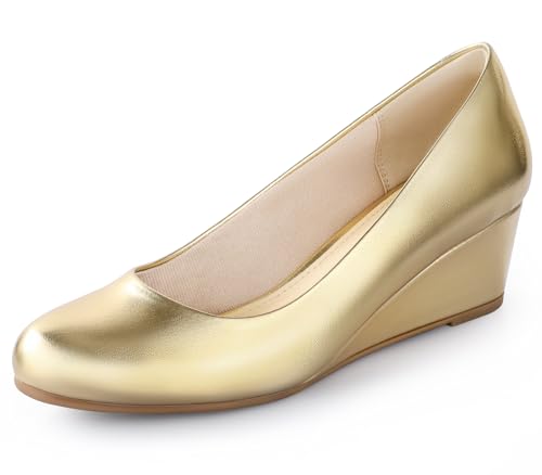 Ankis Gold Wedges for Women, Low Heel Women's Wedge Comfortable Closed Toe Women Pumps Dress Shoes -2Inch