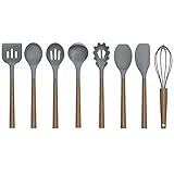 Silicone Kitchen Cooking Utensil Set, 9Pcs Kitchen Utensils Spatula Set with Wooden Handle for Nonstick Cookware, 446°F Heat Resistant Silicone Kitchen Gadgets Utensil Set with Large Holder（Grey）