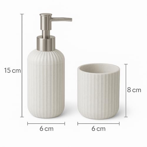 Image of LAGET Bathroom Accessories Set for Utility and Toothbrush Holder Bathroom Decor | Handwash Liquid Soap Dispenser Pump for Bathroom, Kitchen, Wash Basin, Sink Ribbed Design (White)