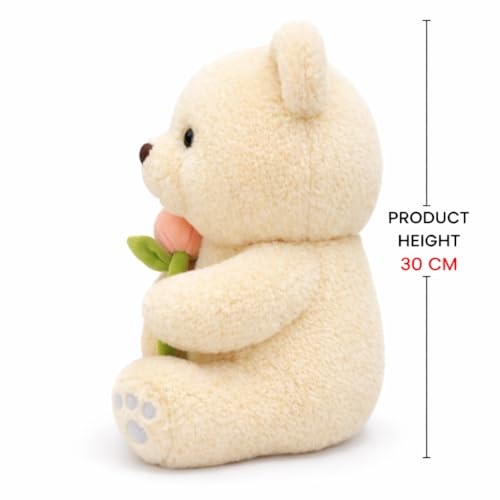 Image of 30 CM Soft Teddy Bear Plush Toy with Flower | Cute Stuffed Beige Bear for Kids | Cuddly Gift Soft Toy for Girls & Boys | Perfect Birthday & Valentine Gift Teddy