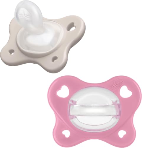 Image of Chicco PhysioForma Dual Soft Orthodontic Pacifier, 6-16m | 100% Soft Silicone | Supports Breathing & Oral Development | One-Piece Design | Flex-Shield | Sterilizing Case | BPA Free | Grey /Rose, 2pk