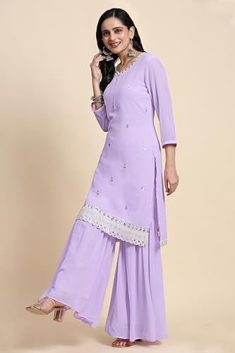 Image of TRENDMALLS Women's Georgette Embroidery Sequence Work Kurta Sharara Set with Dupatta Salwar Suit Set For Women