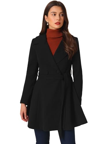 Image of Allegra K Winter Pea Coats for Women Shawl Lapel Overcoat Single Breasted Belted Long Trench Coat Small Black