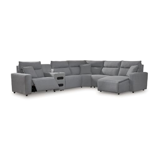 Signature Design by Ashley ModMax II Stain Resistant Contemporary U-Shaped 6-Piece Power Reclining Sectional Chaise and Audio Console, Adjustable Headrest, USB Ports, Storage and Cup Holders, Gray
