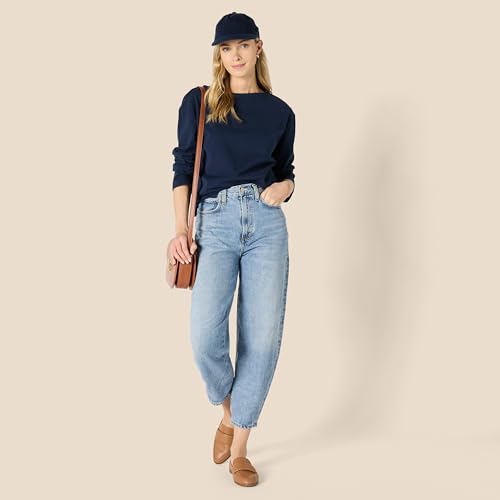 Amazon Essentials Top de Cuello Barco de Manga Larga con Corte Holgado, 100% Algodón de Alto Gramaje Mujer, Azul Marino, L