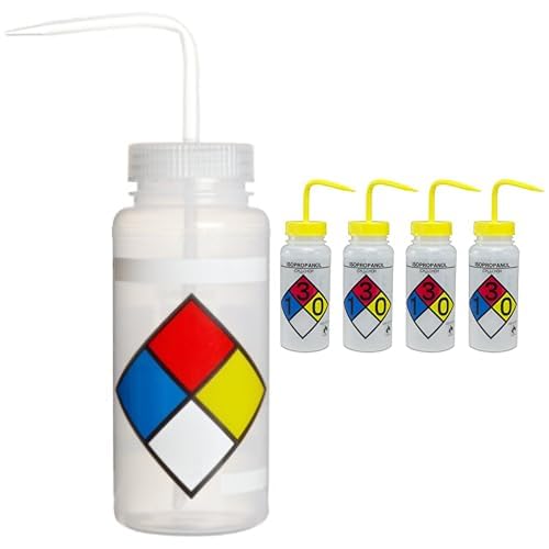 SP Bel-Art Wash Bottle Bundle – Acetone (Natural Cap) & Isopropanol (Yellow Cap) Safety-Labeled Bottles, 500ml, 8 Total – Color-Coded Polyethylene Bottles for Lab Use