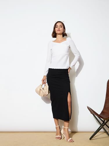 Image of Black Rib Side Slit Ruched Midi Skirt