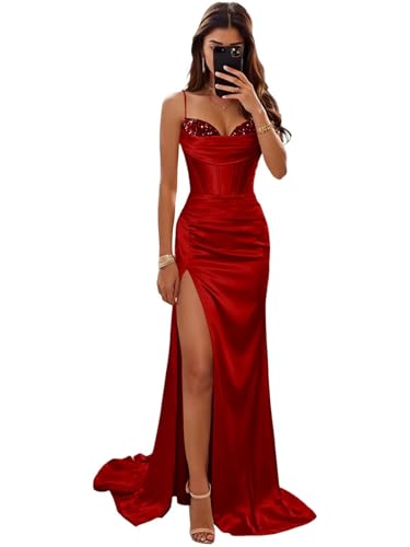 Egorfic Satin Long Prom Dresses Sparkly Sequin Beaded Mermaid Slit Corset Backless Spaghetti Straps...