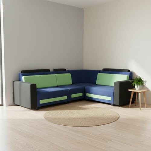 Image of APRODZ Wooden Sofa Set 6 Seater for Living Room, Solid Wood L Shape Sectional Sofa with Velvet Fabric Upholstery, Cushioned Seating for Home, Office & Lounge, Blue, Black & Green