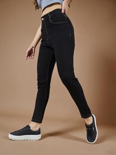 Image of Miss Chase Women's Skinny High Rise Cropped Fringed Hemline Detailing Stretchable Denim Jeans