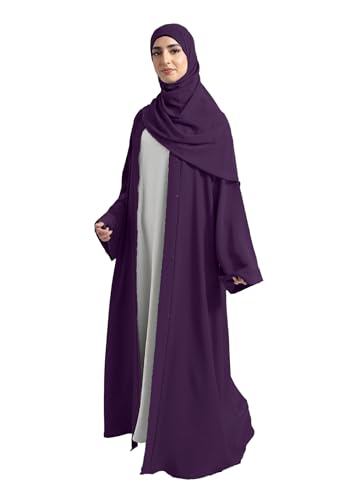Rahma Stylish Premium Nida Fabric Abaya Open Front with Wide Sleeves and headscarf for women and young girls (DARK PURPLE 2X LARGE)