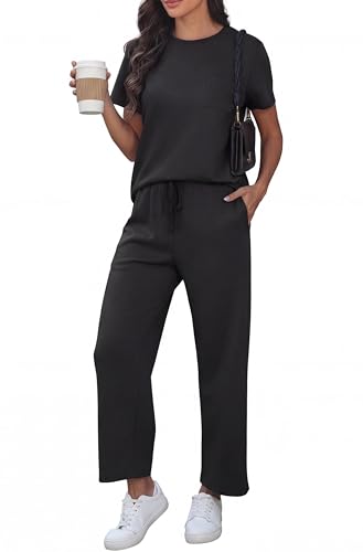 GRECERELLE Zweiteiler Jogginganzug Damen Sommer Trainingsanzug Outfits Tracksuit Kurzarm Lässige Rundhals Brusttasche Tshirts und weite Jogginghosen Trainingsanzüge mit Taschen (Schwarz XL)