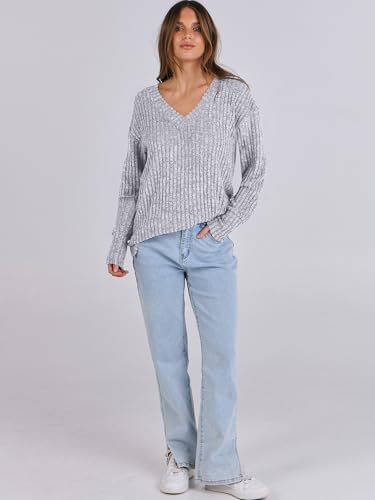 Anrabess Womens V Neck Sweaters Long Sleeve Shirts Loose Fit Casual 2024 Fall Fashion Lightweight Pullover Tunic Tops Outfits Grey Medium thumb #5