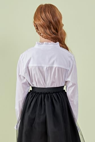Image of SOLOCOTE Girls White Blouse Ruffle Long Sleeve Button Down Shirts Princess Cotton Loose Soft Tops Spring and Summer, SLN9009 9-10 White