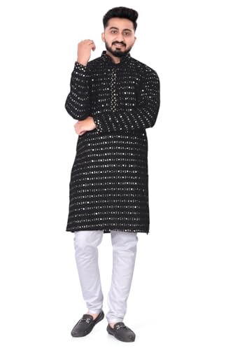 Men's Embroidered Sequined Kurta with White Pyjama Set Indian Traditional Party Wear Outfit-Ethinic Wear - Main Image