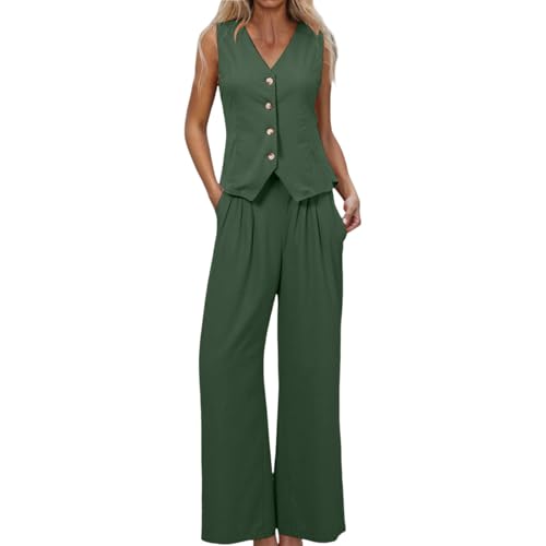 Conjunto de verano de dos piezas para mujer, cuello de pico, chaleco sin mangas con botones y pantalones anchos con bolsillos, traje de verano, traje de verano, elegante, informal, patchwork, para