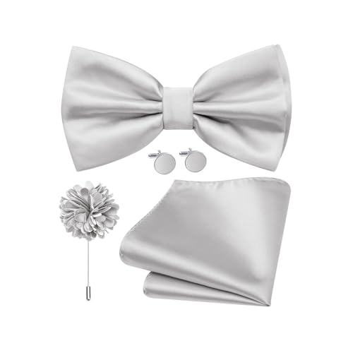 Dubulle Pre-tied Bow Ties for Men Sliver Satin Adjustable Bowties Pocket Square Lapel Pin Cufflinks 4PCS Set Business Wedding