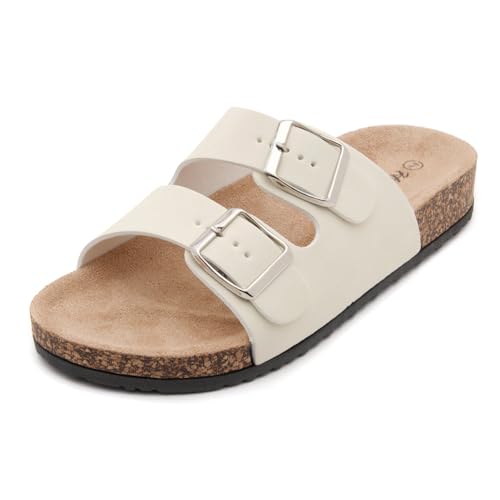 Image of Herstyle Womens Cork Footbed Slides for Women, Double Strap Flat Sandals, Adjustable Buckle Comfort Slip On Shoes, Summer Beach Casual Walking Slippers