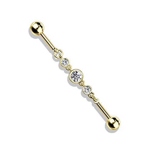 Amelia Fashion 14 Gauge Triple Round CZ Chain 316L Surgical Steel Industrial Barbell (Choose Color) (Gold/Clear)