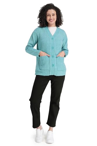 Image of MANRA Women's Woolen V-Neck Buttoned Full Sleeve Cardigan Self Design Soft Wool Fabric Winter Wear Pure Wool Sweater Fully Warm with Front Pockets Stylish Cardigan